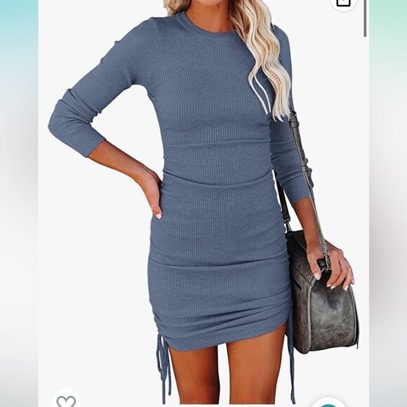 NENONA Ruched Midi Dress Long Sleeve Side Drawstring Ribbed Knit Bodycon Dress - Picture 1 of 11